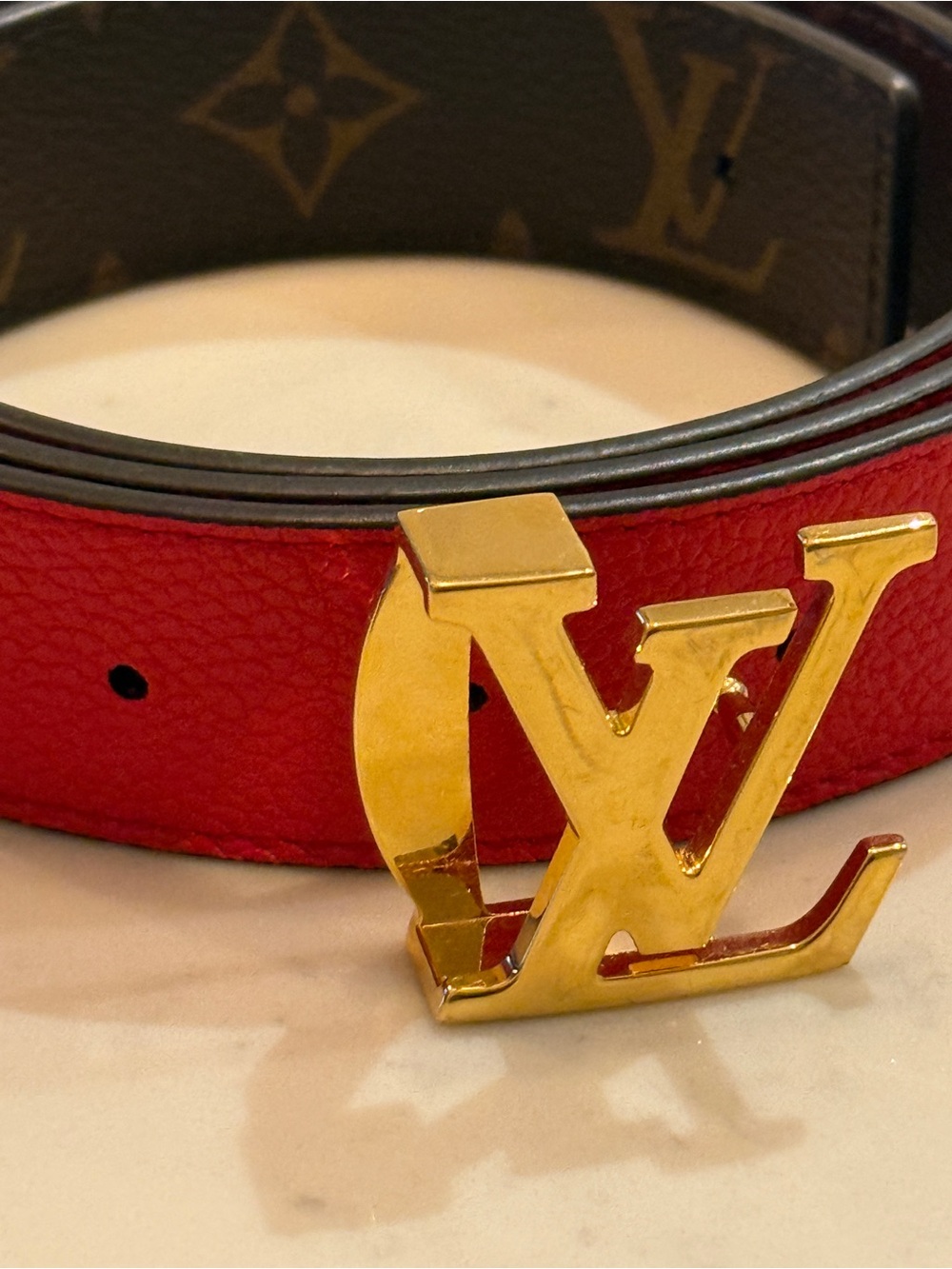 Louis Vuitton Red Reversible Monogram Belt with Gold LV Buckle